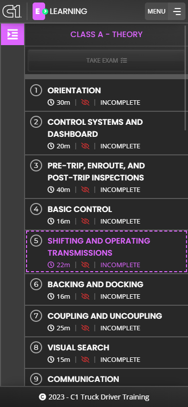 C1 Truck Driver Training - eLearning Class A Phone Screenshot